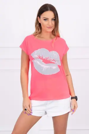 Blouse with lips print pink neon