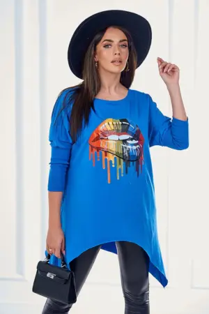 Blouse oversize with rainbow lips print mauve-blue