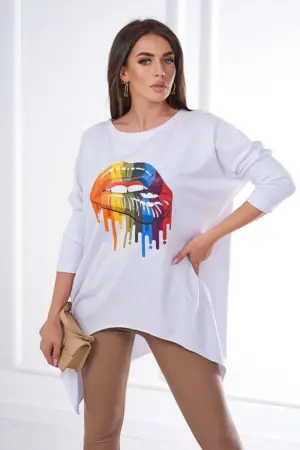 Blouse oversize with rainbow lips print white