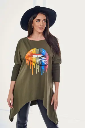 Blouse oversize with rainbow lips print khaki