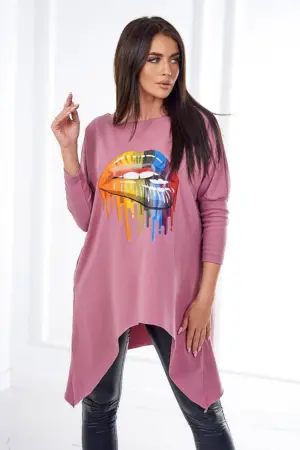 Blouse oversize with rainbow lips print dark pink