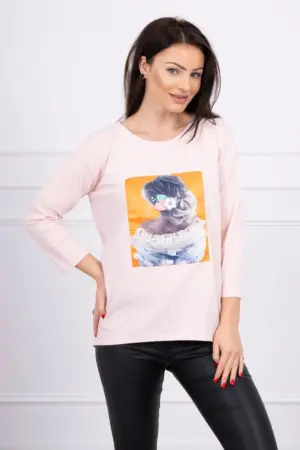 Blouse with graphics 3D, lace powdered pink
