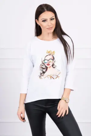 Blouse with graphics of the girl in glasses 3D white