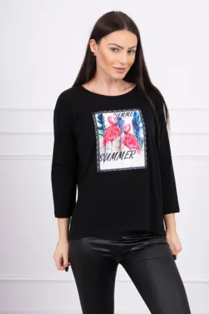 Blouse with flamingo graphics 3D black