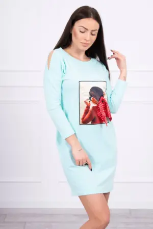 Dress with graphics and bow in polka dots 3D mint