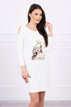 Dress with graphics of the girl in glasses 3D ecru