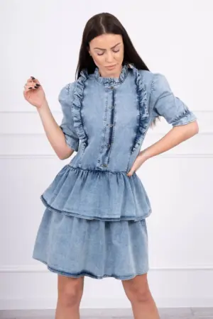 Stretch denim dress with  jabot S/M-L/XL