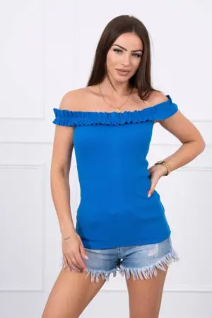 Off-the-shoulder blouse with frills mauve-blue