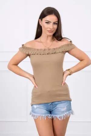 Off-the-shoulder blouse with frills camel