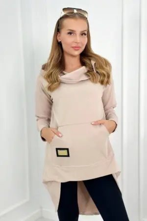 Sweatshirt with long back and hood beige