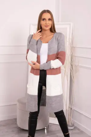 Sweater Cardigan in the straps gray+dark pink