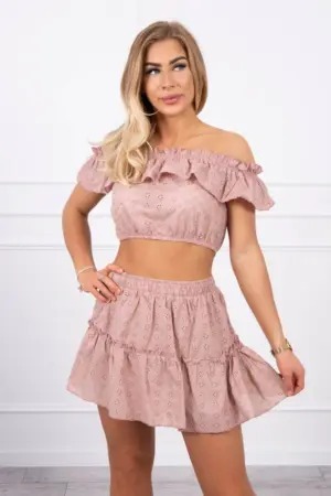 Embroidered set with blouse off-shoulders cappuccino