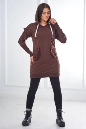 Dress with decorative frills and a hood brown