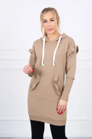 Dress with decorative frills and a hood camel