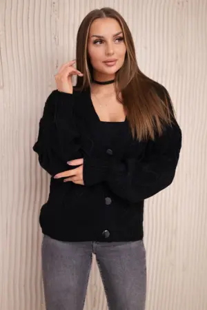 Buttoned sweater with a decorative weave black