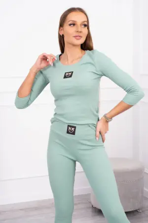 Ribbed set blouse + leggings dark mint