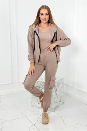 Set 3 in 1 sweatshirt + top + pants dark beige