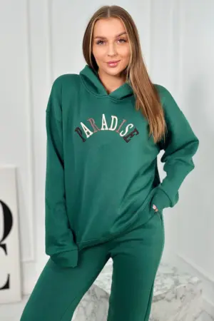 Cotton set with embroidered inscription Paradise green