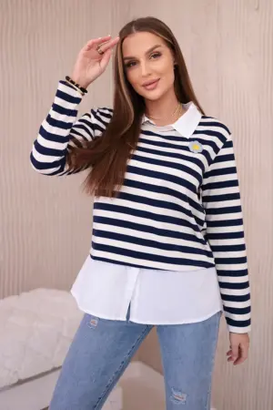 Striped cotton blouse with collar navy blue+light beige