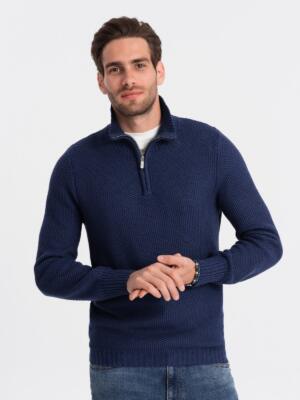 Men's knitted sweater with spread collar - dark blue V7 OM-SWZS-0105
