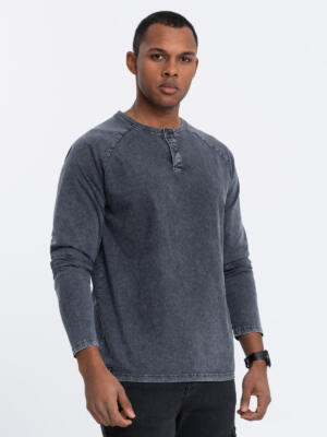 Men's wash henley longsleeve with raglan sleeves - dark blue V2 OM-LSWL-22FW-001