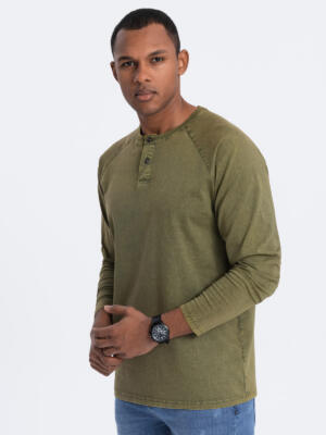 Men's wash henley longsleeve with raglan sleeves - dark olive V4 OM-LSWL-22FW-001
