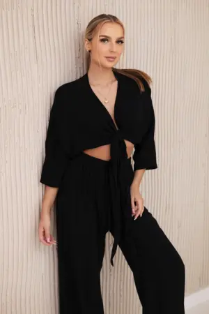 Viscose set blouse tied at the bottom + trousers black