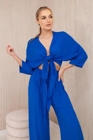 Viscose set blouse tied at the bottom + trousers cornflower blue