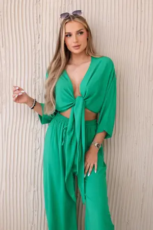 Viscose set blouse tied at the bottom + trousers green
