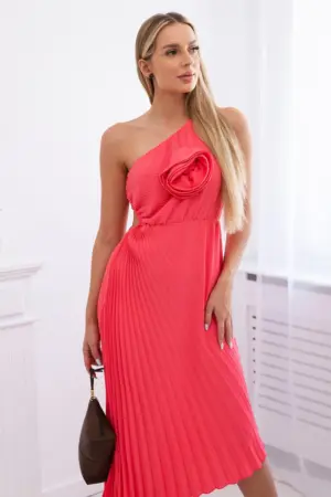 Pleated dress with flower pink neon