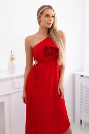 Pleated dress with flower red