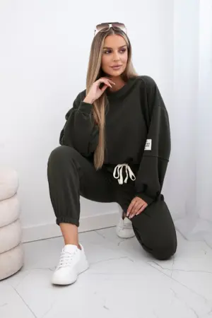 Cotton sweatshirt set with a longer back + pants khaki